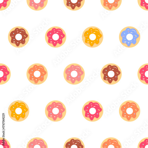 Vector seamless pattern with donuts in pink, yellow, orange, chocolate and blue glaze on light background. Perfect for wrapping and kids design.