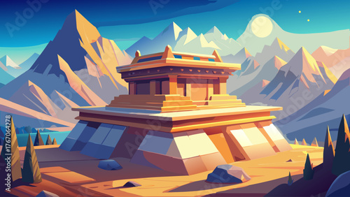 Very beautiful, 3D rendering of the Ark of the Covenant at the top of a mountain, glowing mystical light, dramatic clouds, ancient sacred atmosphere, and cinematic fantasy landscape art.