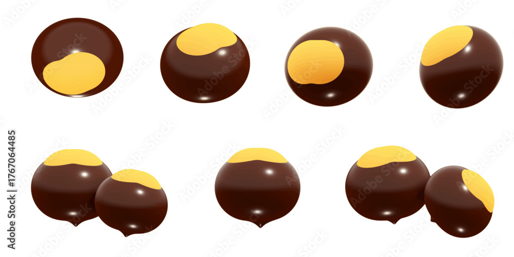 Fototapeta premium 3D vector set of glossy chestnuts, isolated. The conkers are rendered in various perspectives. Perfect for autumn, nature, harvest, and seasonal designs. 