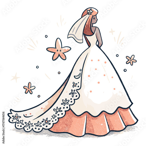 Bride wearing elegant wedding dress with train surrounded by flowers  