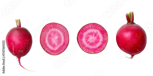 Bright pink radishes displayed whole and sliced, showcasing their vibrant colors and unique patterns from the farm market