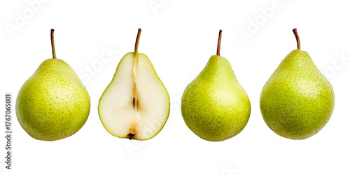 Fresh green pears showing whole and sliced fruit arranged on a white background