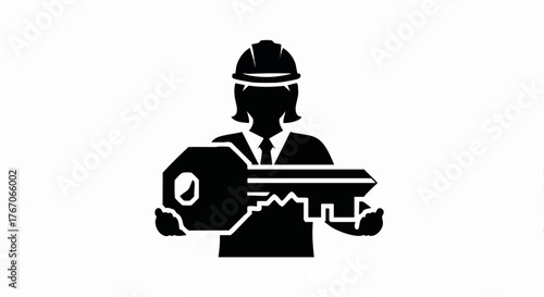 A female engineer or cryptographer holding a large key. Vector icon for security, construction, and access control. Minimalist black silhouette illustration