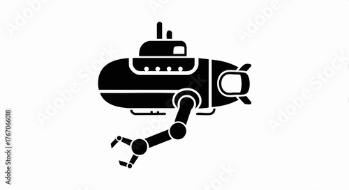 Black silhouette of a deep sea submersible with a robotic arm. Flat vector icon for underwater exploration and technology. Minimalist glyph illustration