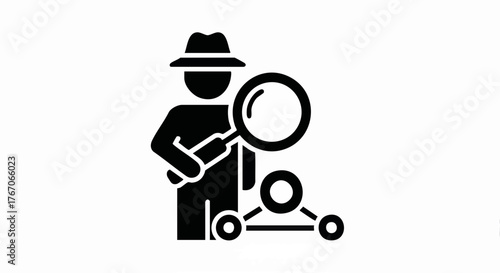 Black silhouette icon of a digital investigator. Detective with a magnifying glass analyzing a network diagram. Flat vector graphic for security and forensics