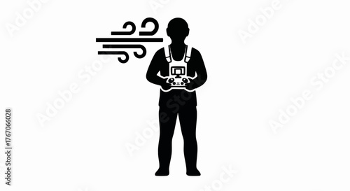 Black silhouette icon of a drone operator. Person with a remote controller in windy weather. Minimalist vector graphic for UAV flight concept