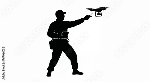 Drone operator silhouette vector illustration. Man with remote control flying a quadcopter. UAV technology and aerial surveillance concept icon