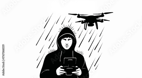 Black silhouette of a drone operator in a hoodie. Vector illustration of surveillance and technology concept. Mysterious character with a quadcopter isolated on white background