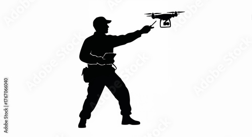 Black silhouette of a drone operator with a quadcopter. Vector illustration of a UAV pilot at work. Isolated graphic icon for technology and surveillance concepts
