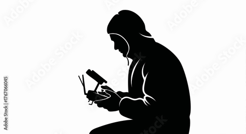 Silhouette of a drone operator with a remote controller. Minimalist black and white vector illustration. Technology and aerial photography concept icon