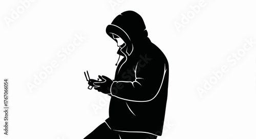 Black silhouette of a drone operator with a controller. Minimalist black and white vector illustration. Anonymous person in a hoodie focused on a remote control