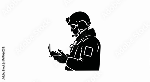 Black silhouette of a military drone operator. Soldier in a tactical helmet controlling a UAV. Modern warfare vector icon