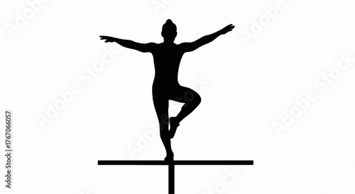 Black silhouette of a gymnast on a balance beam. Minimalist vector icon for sports and fitness. Graceful balancing pose illustration isolated on white background