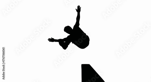 Black silhouette of a freerunner executing a front flip. Parkour and extreme sports vector illustration. Minimalist graphic icon of an athlete in action