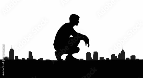Black silhouette of a freerunner in a crouched position surveying the city. Urban exploration and loneliness concept. Minimalist vector graphic