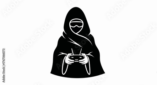 A black silhouette icon of a hooded drone operator holding a controller. FPV pilot or gamer character vector illustration. Minimalist graphic logo design