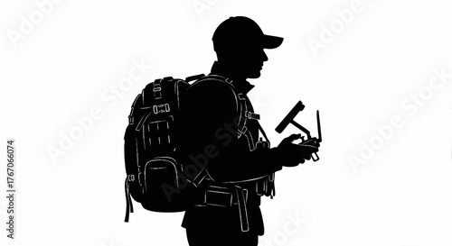 Silhouette of a drone operator with a remote controller. Black and white vector illustration. Man with a tactical backpack and gear