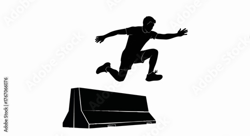 Black silhouette of a freerunner jumping over a concrete barrier. Parkour and urban sports concept. Vector illustration of overcoming an obstacle