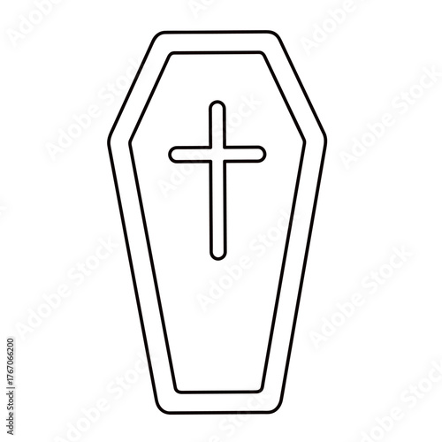 Black and white outline illustration of a coffin with a cross. Simple Halloween doodle for spooky design, coloring page, print or holiday decorations. Hand drawn vector icon. Minimalist line art.