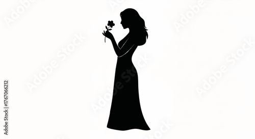 Black silhouette of a woman gracefully holding a small flower. Elegant minimalist vector illustration. Feminine beauty and nature concept isolated on a white background