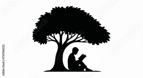 Silhouette of a person reading a book under a tree. Education and knowledge concept icon. Minimalist black vector illustration for a logo