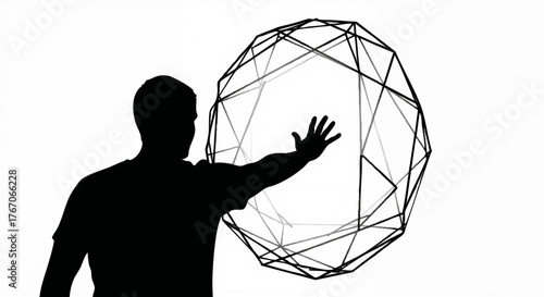 Black silhouette of a person reaching for a geometric wireframe sphere. Technology and virtual reality concept. Minimalist vector illustration
