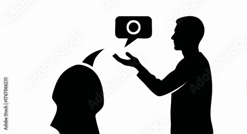 Black silhouette of a person offering a digital notification bubble to a devil. Communication, temptation, and deal concept. Minimalist flat vector illustration.