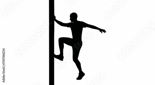 Silhouette of a person running up a vertical wall. Parkour and obstacle course concept. Minimalist vector icon.