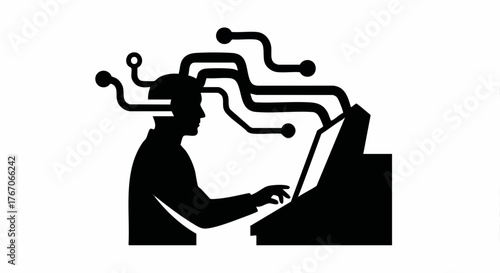 Silhouette icon of a person connected to a computer. Brain-computer interface and artificial intelligence concept. Minimalist black and white vector illustration