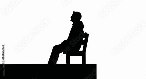Silhouette of a man sitting alone on a chair. Vector graphic representing contemplation and waiting. Simple black and white illustration