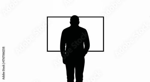 Silhouette of a man from behind looking at a blank frame. Minimalist black and white vector illustration. Concept of observation, art gallery, or anonymity.