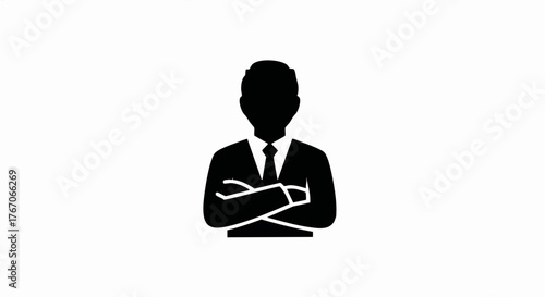 Black silhouette icon of a businessman with arms crossed. Simple flat vector graphic of a professional expert. User profile avatar symbol for business and privacy