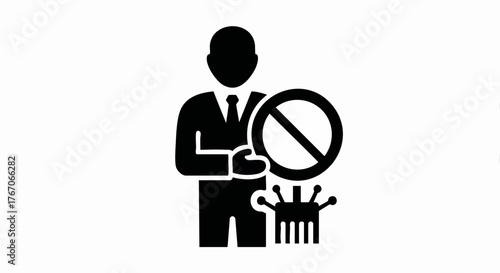 Businessman stopping a virus glyph icon. Health protection and disease prevention symbol. Flat vector illustration isolated on white background