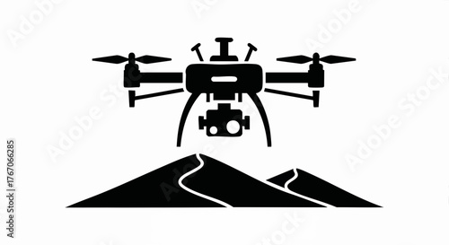 Silhouette of a research drone flying over a landscape. Aerial surveillance and mapping vector icon. Minimalist flat design graphic