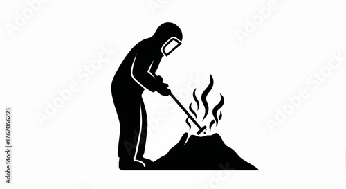 Black silhouette of a scientist in a protective suit taking a sample. Volcanology and hazardous material research icon. Minimalist flat design vector illustration