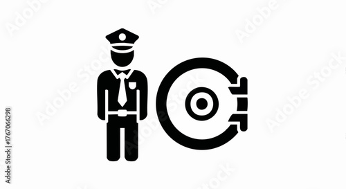 Security guard and bank vault glyph icon. A flat design vector illustration representing financial protection and safety. Minimalist symbol for banking and asset security.