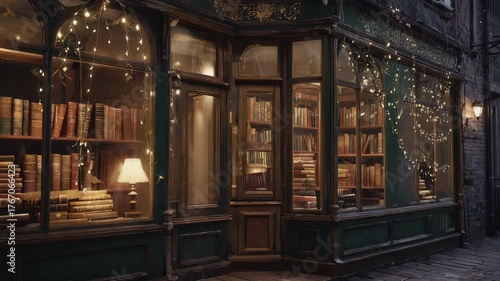 Cozy bookstore with vintage charm and warm lighting in evening