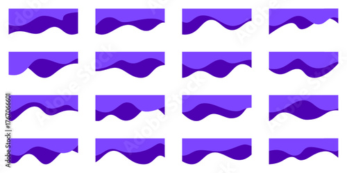 Wavy shape header design. Abstract banner border, curve website separator. Bottom wave line divider, page frame template. Web section graphic top element, simple blue modern layout. Corner white bg