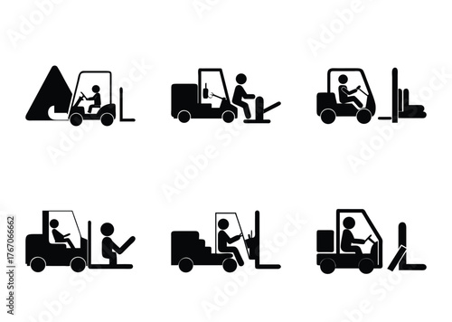 A collection of forklift icons showing various scenarios and operations, vector illustration