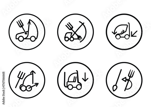 Forklift safety information signs showing direction of use and fork placement