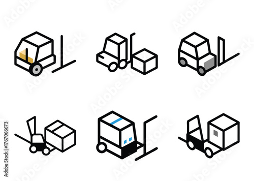 Isometric vector illustration of forklifts and pallet jacks in various configurations