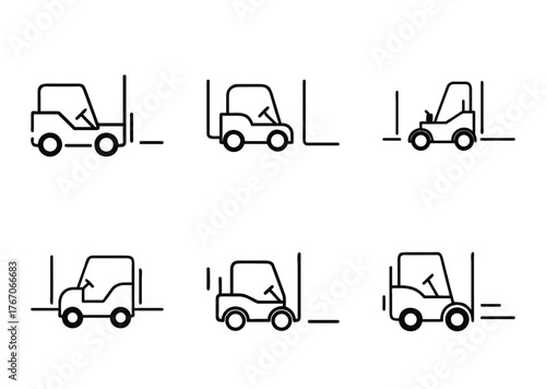 Set of vector forklift icons, representing material handling vehicles in warehouses
