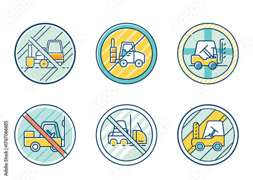 Set of colorful forklift restriction icons on a white isolated background