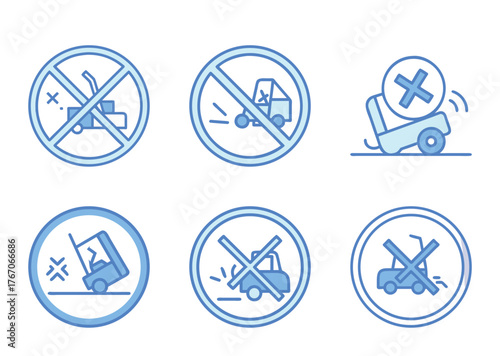 Set of safety regulations icons showing forbidden use of forklift machinery