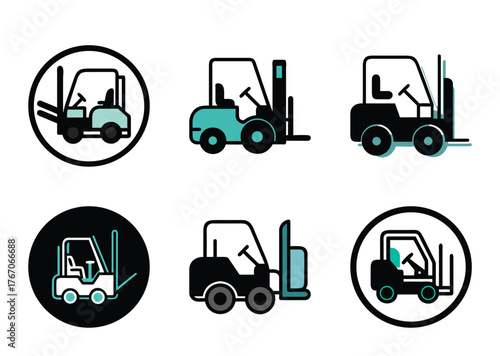 Several icons depicting forklifts in varying design styles and color schemes