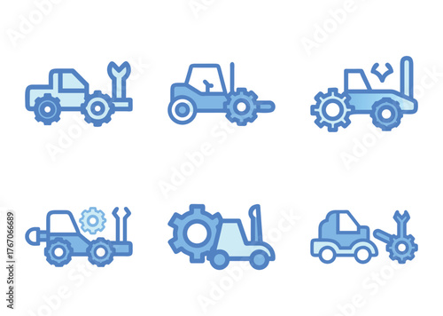 Six Blue and Light Blue Outlined Icons of Various Construction Vehicles and Components