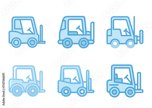 Six different light blue forklift truck icons isolated on a white background