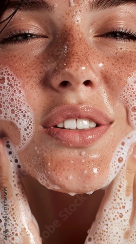 Close-up of a young woman washing her freckled face with cleansing foam, gently massaging skin with fingers, skincare and beauty routine