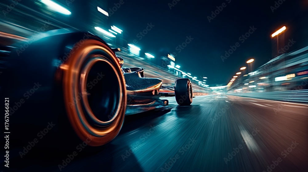 Naklejka premium Formula 1 race car speeding on night track