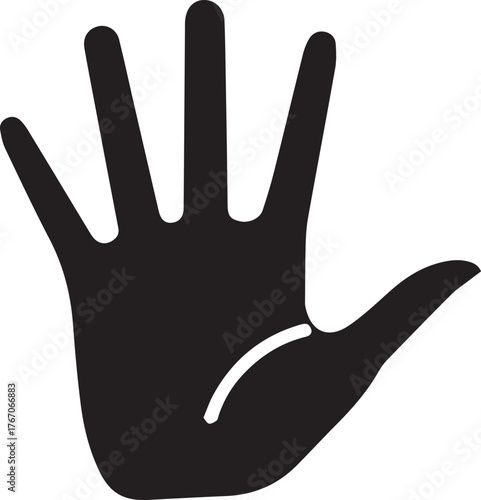 Black silhouette of an open human hand with fingers spread wide against a white background